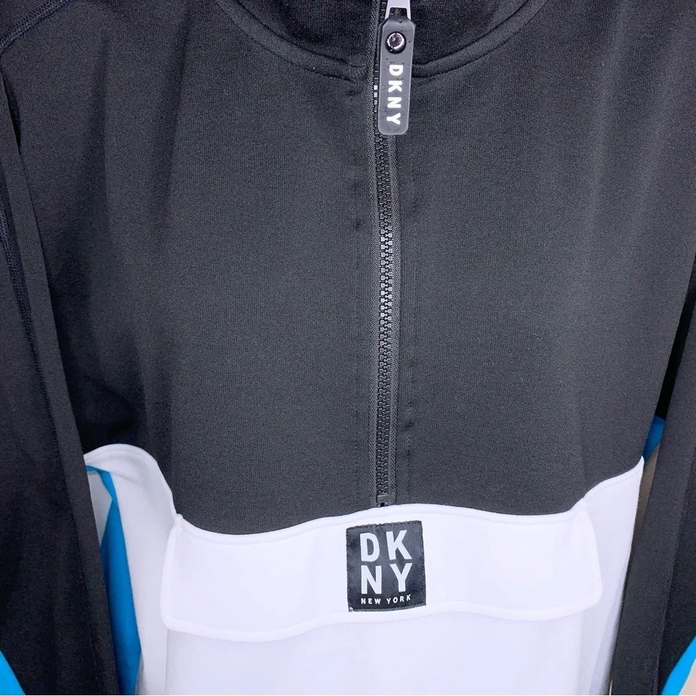 Large DKNY Sport Colorblock Athletic Jacket Golf Black White Blue Zip Collar